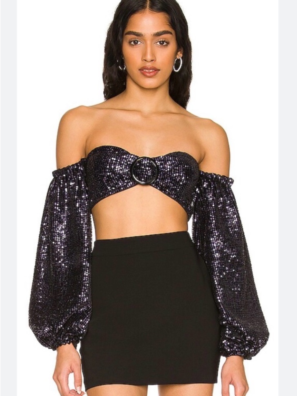 Sequin Off-Shoulder Crop Top with Balloon Sleeves - Black ( worn once )